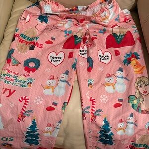 Taylor Swift Pink and Red Pajama Bottoms with Festive Holiday Design
